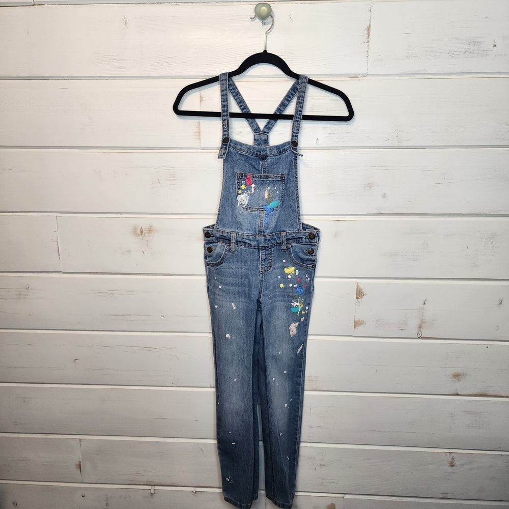Cat & Jack Blue Denim Overalls with Paint Splatter M 7/8